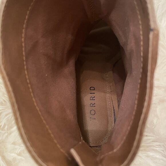 Torrid 7W Patchwork Heeled Booties | Leather Upper, Peep Toe, Neutral Suede - Picture 8 of 9